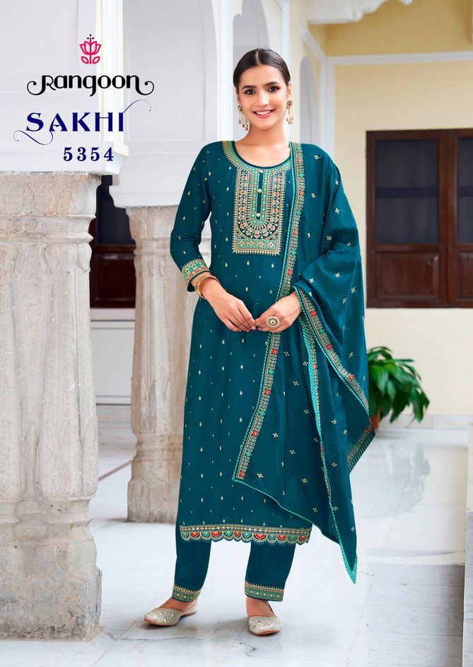 Sakhi Rangoon Embroidery Viscose Jacquard Kurti With Bottom Dupatta Wholesale Market In Surat